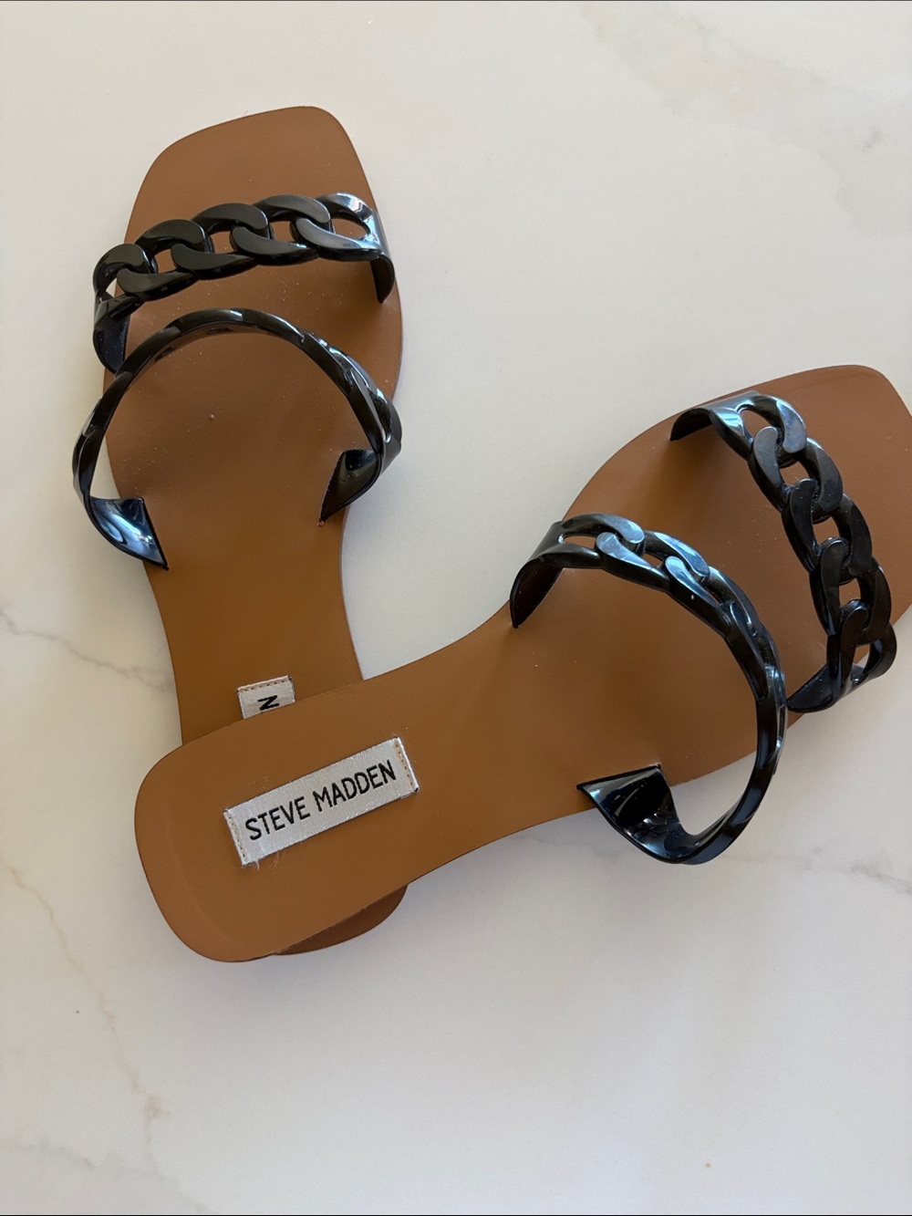 Steve Madden Tan Footbed Sandals with Black Chain Straps
